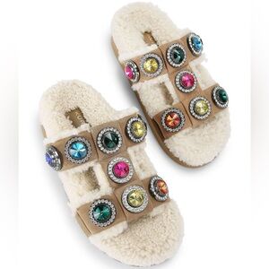 NWT Kurt Geiger London Orson Crystal Shearling Teddy Studded Jewel Slide Sandals